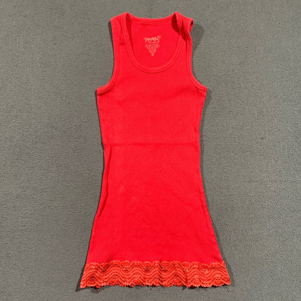 Rue21 Sparkle Red Ribbed Tank Top Lace Trim Hem Y2K Long Womens Small Scoop